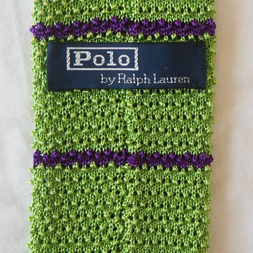 Polo Ralph Lauren 100% Silk Crochet Knit Striped Tie Made in Italy Green Purple